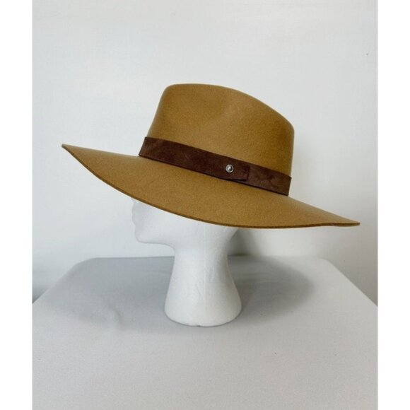 Rag & Bone Leather Trim Wool Wide Floppy Brim Fedora Hat In Tan - Sz L
